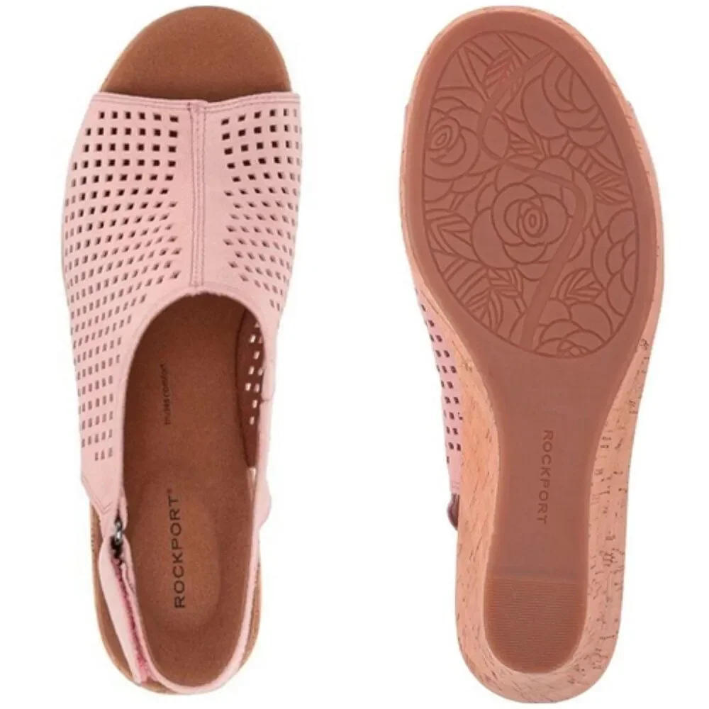 ROCKPORT Briah Perforated Slingback Cork Wedge Leather Sandal Pink Shimmer 9 NEW